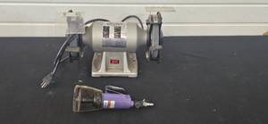 lot 100 image: Powerline 6 Bench Grinder and Purple Cut-Off Tool Combo