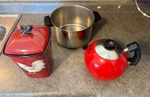 lot 264 image: Red Kitchenware Set Canister with Rooster Design, Pot, and Tea Kettle