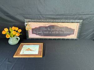 lot 283 image: Decorative Wall Art and Ceramic Vase with Floral Arrangement