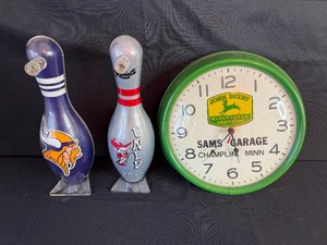 lot 108 image: Vintage John Deere Wall Clock and Bowling Pin Cribbage Boards