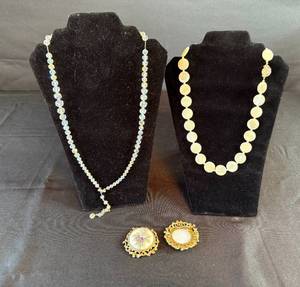 lot 408 image: Vintage Jewelry Lot Crystal and Pearl Necklaces with Floral Brooches