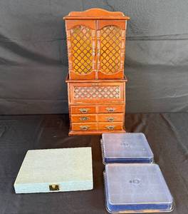 lot 438 image: Miniature Wooden Jewelry Secretary Cabinet with Jewelry Storage Boxes