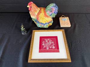 lot 440 image: Colorful Rooster Cookie Jar, Decorative Witch Figure, Wooden Plaque & Framed Art