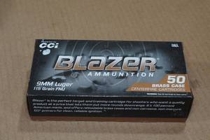 lot 121 image: 50 CCI Blazer Brass 9mm Luger 115 Gr FMJ Ammo