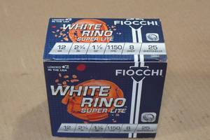 lot 152 image: 25 Fiocchi White Rino 12 Gauge 2-34 7.5 Shot Shotshells