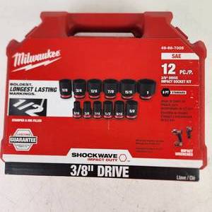 New Milwaukee SAE 12 Piece 38 Drive Impact Socket Kit Shockwave Impact Duty In Hard Case