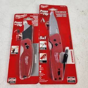 Lot Of Two Milwaukee Items Press And Flip Fastback 5 in One And Press And Flip Utility Knife Clips On Back Of Both