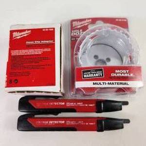 Lot Of Three Milwaukee Items New Hose Clip Adapter 49-90-1959 New Hole Dozer 2 58 49-56-0158 And Two Gently Used Voltage Detectors