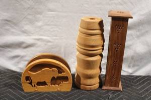 lot 130 image: Wooden Decor Set Incense Holder, Candle Holder, and Buffalo Napkin Holder