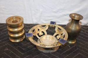 lot 134 image: Brass Decorative Items Lot - Vase, Dish, and Cylinder
