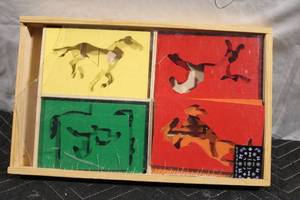 lot 185 image: Set of 4 Wooden Animal Shadow Puzzles and Toy Helicopter Ride-On