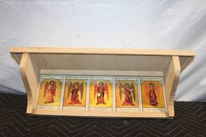 lot 221 image: Wooden Shelf with Vintage Angel Artwork Plates