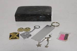 lot 249 image: Vintage Collectible Set Metal Box, Keychains, Pins, and Dog Tags