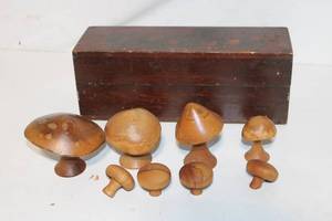 lot 279 image: Vintage Wooden Mushroom Figurine Set with Painted Keepsake Box