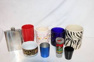 lot 292 image: Collection of 10 Assorted Mugs, Cups, and Flask with Unique Designs