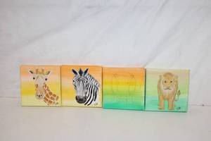 lot 322 image: Set of 4 Animal Portrait Canvases Featuring Giraffe, Zebra, Lion, and Hippopotamus