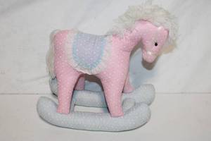 lot 323 image: Vintage Pink Floral Fabric Rocking Horse Plush Toy