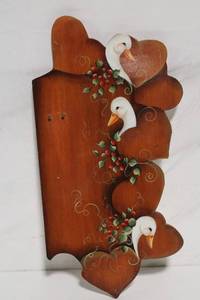lot 344 image: Decorative Wooden Hanging Plaque with Hand-Painted Geese and Heart Motifs