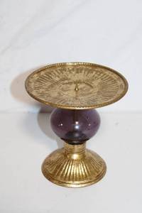 lot 382 image: Elegant Brass Candle Holder with Purple Glass Accent