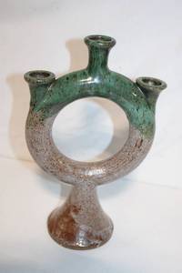 lot 399 image: Vintage Triple-Spout Ceramic Vase with Unique Glazed Finish