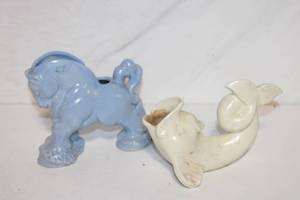 lot 408 image: Set of 2 Vintage Ceramic Planters - Fish and Bull Design