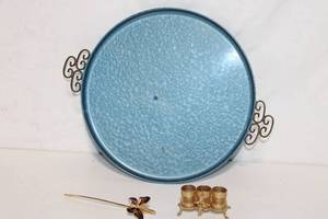 lot 412 image: Vintage Blue Enamel Tray with Handles, Butterfly Hairpin, and Gold Caddy Set