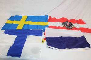 lot 448 image: Collection of 4 International Flags Sweden, Austria, Finland, and France