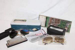 lot 455 image: Collection of Sunglasses, Harmonica, Magnets, and Accessories