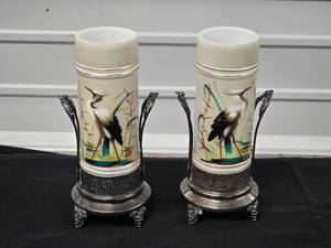 Victorian Silverplate Handpainted Crane Vases, pair