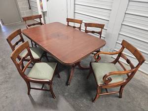 Vintage Mahogany Regency Dining Table with Duncan Phife Styling and Handsome Scrolled Arm Captain�s Chairs