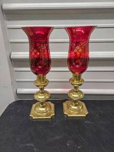 Glass Brass Candlestick Lamps with Etched Glass Hurricane Shades