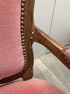 Peach Velvet Walnut Carved Bergere Chair, as