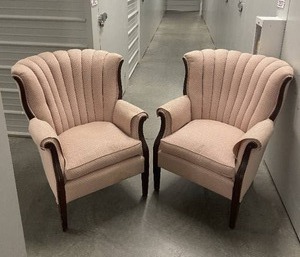 Vintage Scalloped Back Rose Upholstered Carved Armchair Pair