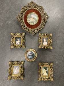 Miniature 18th Century Portrait Print Collection in Gold Gilt Frames - (6)
