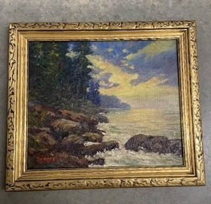SIGNED Original Fine Art Landscape Painting - E. Maxted Seager - Evening North Shore Lake Superior near Grand Marais