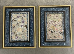 Stunning Vintage Silk Needlepoint Landscape Art Pair - Chinese Traditional Wildlife Collage