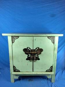 lot 20 image: Vintage Wood Cabinet - Green with Butterfly Accents