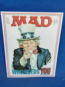 lot 37 image: Tin Wall Hanging Mad Magazine Cover, April 1969, Alfred E. Newman as Uncle Sam