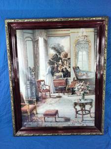 lot 6 image: John OBriens Victorian Lady Cherub Terrier Dog Antique Vintage Piano Print Matted - 30x36