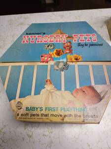lot 101 image: Vintage Baby Mobile, crib blanket and pillow