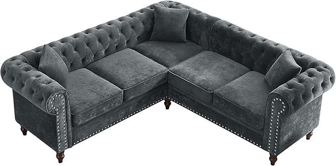 lot L-81 image: Clasic Chesterfield 5 Seater Corner Sofa&Couch Luxury Roller Armrest L-Shaped Symmetrical Sectional Sofa Couch Velvet Tufted Indoor Upholstered Sof WSoild Wood Legs and 3 Pillows for Living Room