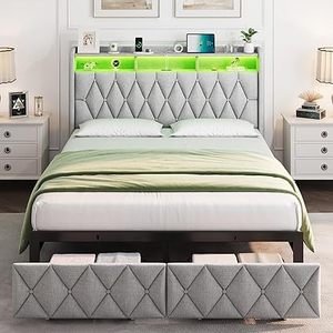 lot A-323 image: Queen Bed Frame with 2 Storage Drawers, Upholstered Bed Size Frame with LED Lights Headboard and Charging Station, No Box Spring Needed, Easy Assembly - Light Grey