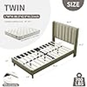 lot B-85 image: upholstered Platform Bed FrameTwin Bed FrameModern Geometric Double-Wing Design headboardLinen FabricEasy to Assemble no Noise (Beige, Twin)
