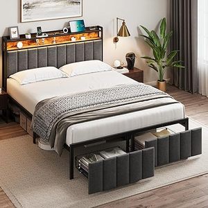 lot B-300 image: Full Bed Frame with Storage, Upholstered Bed Frame with LED Lights Headboard and 2 Drawers, Full Size Bed Frame with Charging Station, Noise-Free, No Box Spring Needed, Easy Assembly, Grey
