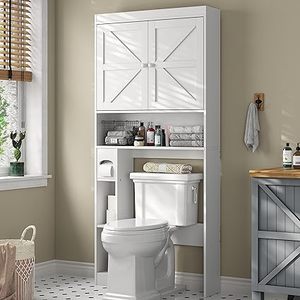 lot B-303 image: Furnideco Over The Toilet Storage Cabinet with Barn Doors, 32.3W Free Standing Toilet Storage Shelf Space Saver with Adjustable Bottom Bar, White