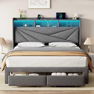 lot B-400 image: LED Queen Bed Frame with 2 Storage Drawers, Upholstered Bed Frame Queen Size with Headboard and Charging Station, No Box Spring Needed, Easy to Assembly-Light Grey