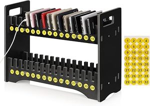 lot E-382 image: Cell Phone Holder Classroom Cell Phone Storage 2-Tier Multiple Cell Phone Stand Rack with 1-30 Number Stickers PVC Board Mobile Phone Holder Desktop Organizer for Classroom (Black, 30 Slots)