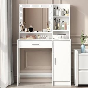 lot H-256 image: Vanity Desk with Mirror and Light, Large Drawer and Three Level Storage Dresser, 3 Lighting Modes Adjustable Brightness, Bedroom Dressing Table (White)