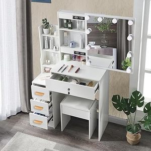 lot H-351 image: Vanity Desk Makeup Dressing Table with LED Lighted Mirror Cushioned Stool Set 3 Color Lighting Modes Storage Shelves 4 Drawers Brightness Adjustable Modern for Women Girls Bedroom White