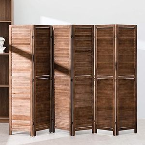 6 Panel Wood Room Divider 5.75 Ft Tall Privacy Wall Divider Folding Wood Screen 68.9" x 15.75" Each Panel for Home Office Bedroom Restaurant （Brown）